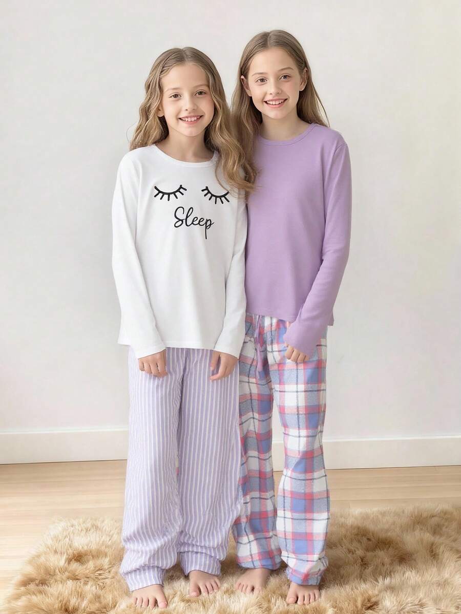 4 件套女童纯紫色上衣 + 格子裤套装，白色上衣带英文字母和睫毛印花 + 格子裤 + 发圈