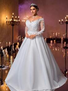 Aureia فستان طويل الأكمام شفاف أنيق فاخر بلون بيج مع تطريز من اللؤلؤ والكريستال، قطع من الشبك والساتان، ذيل سمكة، مناسب للزفاف والحفلات والعطلات