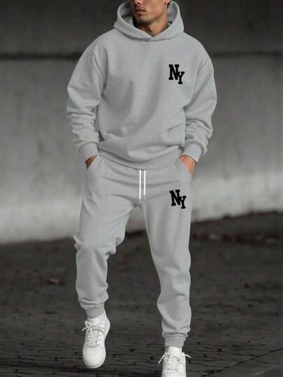 Manfinity Homme Conjunto de sudadera y pantalón de chándal con estampado de letra NY, estilo minimalista y casual para hombre, otoño/invierno