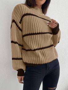 Celisse Casual Contrast Color Striped Drop Shoulder Sweater, Autumn/Winter - Brown - View 6