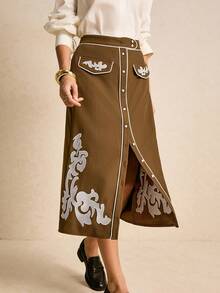 Poéselle Women's Elegant Commuter  Skirt With Embroidered Buttons  Button-Front And Contrast Piping Brown Skirt Graphic Skirt Western Skirts Brown Long Skirt - Brown - View 7
