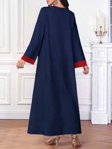 SHEIN Najma 女式复古红线花卉数码印花 V 领长袖优雅阿拉伯连衣裙，春秋 - 彩色 - 查看 2