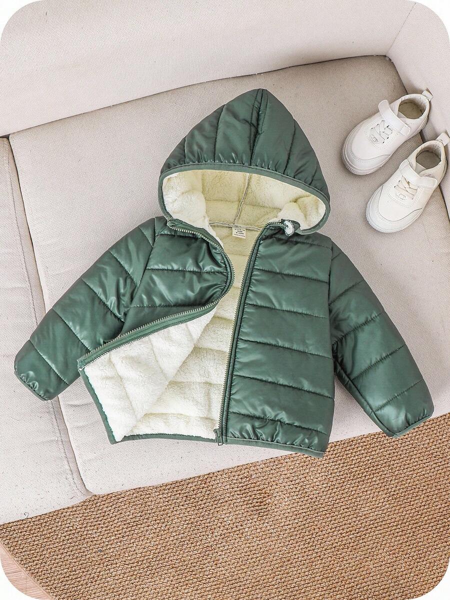 SHEIN Cappotto imbottito con cappuccio, cerniera e fodera termica per bambini maschi, nero, casual, versatile, morbido e confortevole, adatto per giocare nella neve, giacche per bambini piccoli - Verde Scuro - Visualizzare 1