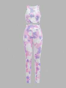 SHEIN Tween Girls Tie Dye Print Vest & Sports Pants Set, Soft Yoga Activewear