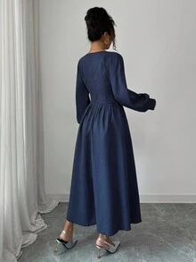 Modelyn 女式长袖交叉领口收腰A字条纹蓝色连衣裙 - 藍色 - 查看 2