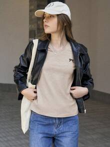 Jouncy 女士休闲蝴蝶结刺绣短袖T恤，夏季 - 卡其色 - 查看 5