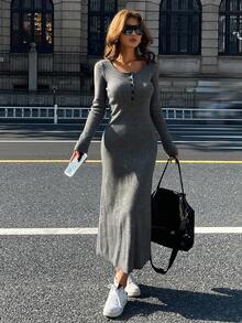 Livesso Women's Slim Fit Business Casual Solid Color Half-Placket Pullover Sweater Dress, Suitable For Office Wear In Autumn And Winter - Grey - View 6