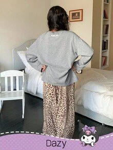 HELLO KITTY AND FRIENDS | SHEIN DAZY 女童圆领针织卡通图案长袖T恤+豹纹裤睡衣套装，秋季 - 灰色 - 查看 5