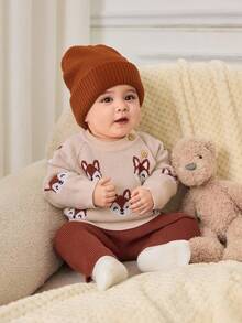 Cozy Pixies Newborn Baby Boy/Girl Cartoon Fox Pattern Crew Neck Long Sleeve Sweater And Elastic Waist Pants 2-Piece Set Fall Winter Baby Set Autumn Winter Season Baby Knitwear Baby Clothes Girl Fall Sweater Mocha Baby Clothes Baby Girl Brown Outfit