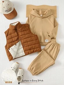 Cozy Pixies 3pcs/Set Young Boy Solid Color Knit Soft Crew Neck Long Sleeve Pullover Sweatshirt, Elastic Waist Jogger Pants, Sleeveless Vest Tan Outfit Kids Boy Clothes Set Winter Boys Autumn Winter Casual Two Piece Set - Multicolor - View 1