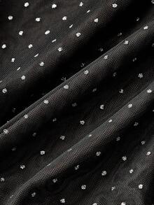 SHEIN MOD 黑色网纱亮面喇叭裤，带荷叶边——复古、约会、派对、Y2K、节日及生日装、万圣节性感服装、怀旧、冬季、圣诞节、新年、感恩节 - 黑色 - 查看 4