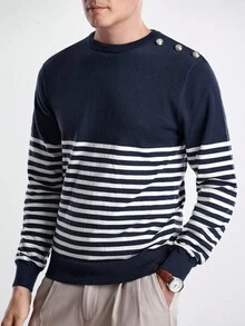 Manfinity CityGents Men's Crew Neck Raglan Long Sleeve Striped Fashionable Versatile Casual Knit Pullover Sweater, For Fall Winter