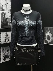 EgrlEra Camiseta de manga larga con cuello redondo y estampado punk negro para mujer - Negro - Ver 1