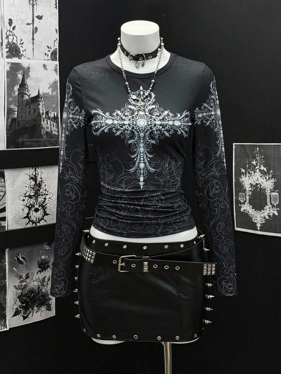 EgrlEra Camiseta de manga larga con cuello redondo y estampado punk negro para mujer - Negro - Ver 1