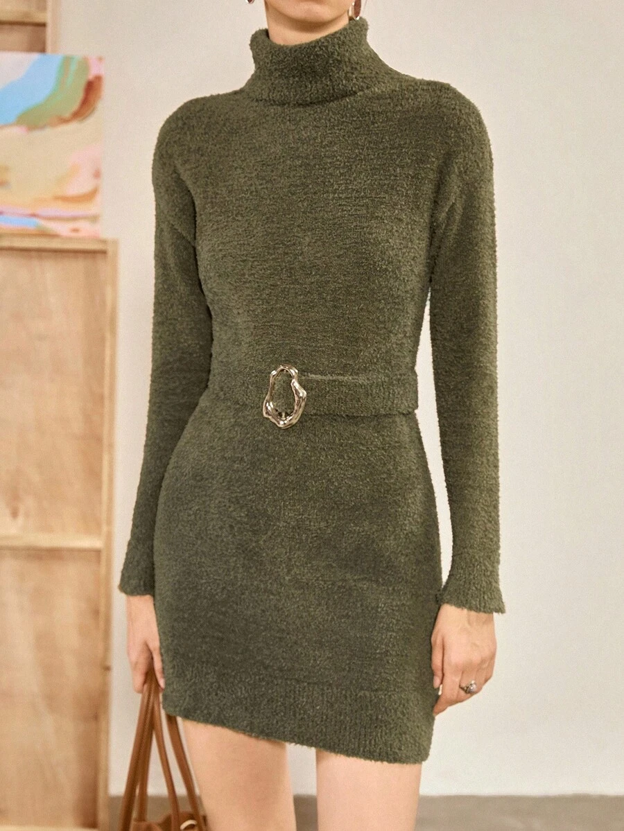 Chiquease Solid Color Casual Loose Knit Sweater Dress, Vintage High Neck Thick Sweater Dress - Army Green - View 1