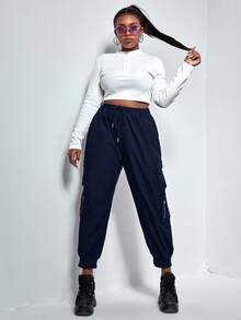 SHEIN EZwear Black Plus Flap Pocket Drawstring Cargo Pants - Navy Blue - View 3