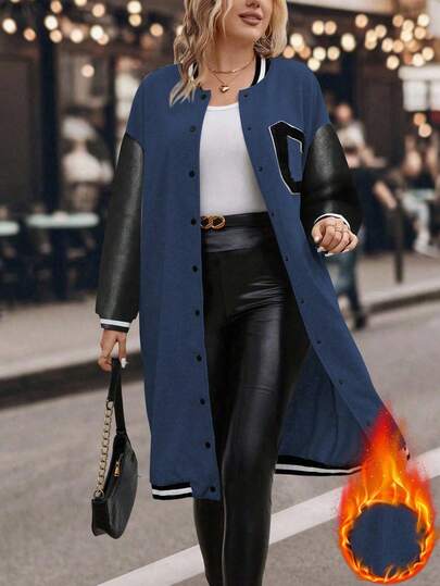 SHEIN LUNE 大码女装大码字母刺绣落肩长袖单排扣长款羊毛棒球领夹克，秋冬