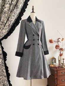 Vintamour Vintage Elegant Women's Dress With Pockets Contrast Collar Double-Breasted Casual Work Holiday Casual Long Dresses For Women Fall Clothes For Women Winter Clothes Christmas Winter Dress Women Women's Winter Jacket Autumn Clothes For Women Christmas Clothes For Women New Year Dress Thanksgiving Outfit For Women Wedding Guest Dress