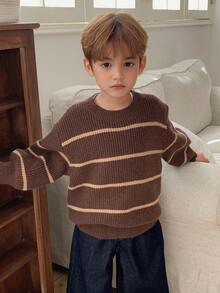 Hapijoa Young Boy Striped Round Neck Drop Shoulder Long Sleeve Casual Loose Sweater, Autumn/Winter - Brown - View 4