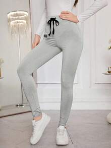 Modelyn Casual Simple Letter Printed Drawstring Waist Leggings Fall Cloth For Women - Grey - View 5