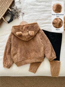 LMoss Kids LMoss 女婴两件套针织纯色蓬松卫衣和打底裤套装，泰迪熊造型，两件套冬季服装，棕色泰迪熊外套，泰迪熊卫衣，秋冬季，女童冬季套装 - 棕色 - 查看 1