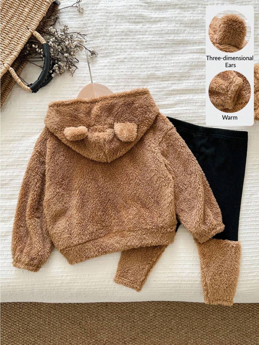 LMoss Kids LMoss 女婴两件套针织纯色蓬松卫衣和打底裤套装,泰迪熊造型,两件套冬季服装,棕色泰迪熊外套,泰迪熊卫衣,秋冬季,女童冬季套装 - 棕色 - 查看 1