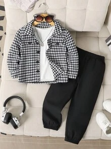 SHEIN Genkimix Kids 2 件套小男孩编织千鸟格夹克和裤子套装，适合日常休闲穿着 - 黑與白 - 查看 1