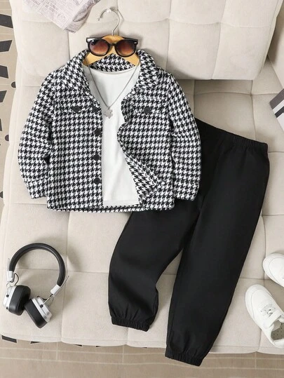 SHEIN Genkimix Kids 2 件套小男孩编织千鸟格夹克和裤子套装，适合日常休闲穿着