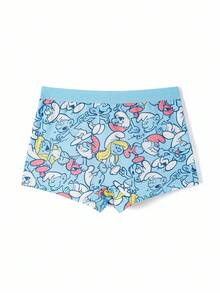 SHEIN X The Smurfs 1pc Women's Blue Comfy Cute Cartoon Smurfs Print Boxer Brief,Cartoon Design Fashionable Boyshorts, Cartoon Boxers - Blue - View 2