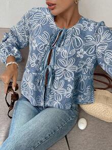 Serisse 女士度假花卉提花系带灯笼袖衬衫 - 霧霾藍 - 查看 6