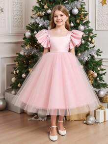 Pitira Tween Girls' Sweet Bowknot Mesh Dress, Flower Girl Dress For Wedding Party, Birthday Party Pink Dress Girls Pink Bow Dress Girls Pink Dress Kids Pink Dress Girls Dress Pink Girls Dress With Bow Girls Special Occasion Dress Girls Special Occasion Dress Pink Girls Pink Tulle Dress Kids Dresses Pink Kids Elegant Dress Elegant Pink Bow Girls Dress,Christmas Dress,Christmas Party Dress Fall Winter - Pink - View 2