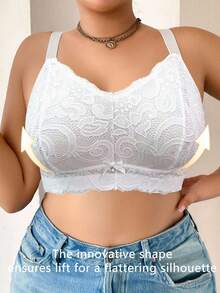 1pc Plus Size Women Lace Patchwork Wireless Bra - White - View 6