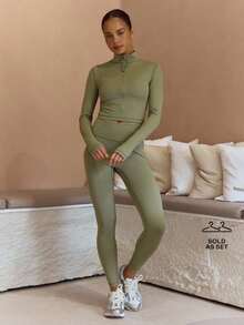 Musera Sport Musera Sport Cropped BBL Jacket And Crossover Waistband Leggings Co Ord Set Elegant Casual Active Workout Gym Fall Autumn Back To School Pilates Zip Up