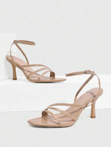 CUCCOO SZL Sandalias de tacón alto con punta cuadrada y correa color albaricoque para mujer - Albaricoque - Ver 2