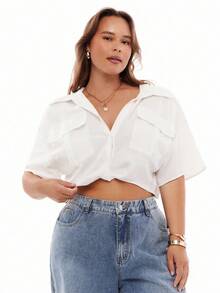 SHEIN EZwear Plus Size Women's Summer Casual Linen Blend Collared Shirt, White, Loose Fit, Front Pockets, Twist Hem, Hidden Buttons, Suitable For Daily Wear - White - View 1