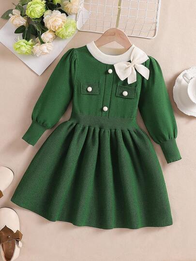 SHEIN Sweet Retro Bow Knit Dress, Casual Commuter Korean Chic Fashion Princess Knitted Dress, Suitable For Daily Wear And Outings Green Dress For Kids Girl S Spring And Autumn Dress Green Girl Dress Collared Autumn And Winter Young Girls Dressse Girls Casual Green Dresses