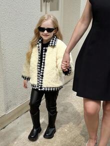 Young Girl Patchwork Houndstooth Long Sleeve Fleece Beige Jacket, Autumn/Winter - Beige - View 3