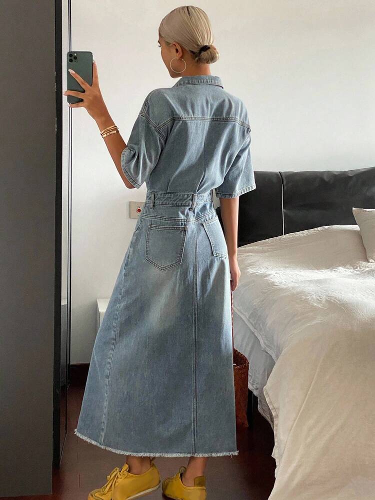 Short Sleeve Slim Fit Polo Collar Waist Cinched Over-The-Knee Casual Denim Dress For Women Maxi Dress