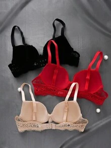 3pcs/Set Sexy Lace Gather Romantic Minimalist Underwire Adjustable Bra Set For Women