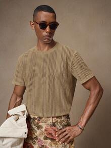 AKNOTIC Business Casual Men's Knitted Jacquard Crochet Combination Short Sleeve T-Shirt, Suitable For Summer, Vacation, Casual Wear, Party, Couple, Men's Gift, Father's Day Gift - Brown - View 5