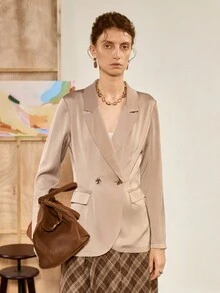 Florisole 女式纯色翻领长袖优雅西装外套，秋季 - 杏色 - 查看 1