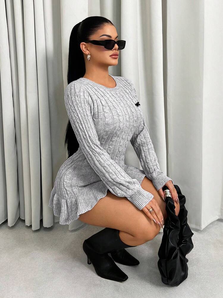 grey fitted sweater dress SHEIN Unity Women's Dress,Light Grey,Autumn,Casual,Date,Short Long Sleeve Round Neck Cable Knit With Ruffle Hem Pleated Vintage College 14% Metal