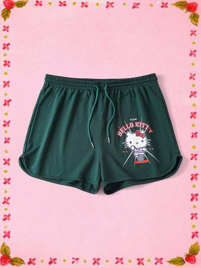 HELLO KITTY AND FRIENDS | SHEIN 大码休闲时尚弹力针织绿色宽松卡通图案运动短裤
