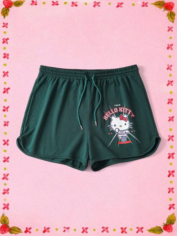 HELLO KITTY AND FRIENDS | SHEIN Plus Size Casual Fashion Elastic Knit Green Loose Cartoon Pattern Sports Shorts