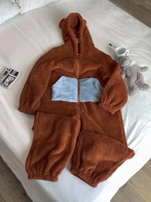 DAZY 加厚抓绒连帽耳罩设计女式连体衣，蓬松柔软，适合冬季和秋季穿着。 - 鏽棕色 - 查看 8