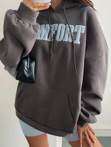 Livesso Damen Herbst/Winter Kapuzen-Sweatshirt mit Buchstaben-Stickerei, Oversized Passform, Langarm, Lässig mit Kordelzug