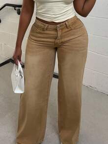 Alexandranx 女士休闲百搭牛仔裤，带口袋，宽松阔腿裤 - 卡其色 - 查看 5