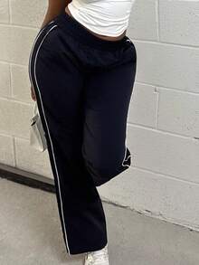 Alexandranx 松紧腰抽绳直筒裤春夏休闲可爱度假机场裤 - 藏蓝色 - 查看 4