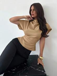 Firerie Crinkle Collar Asymmetrical Sleeve Side Ruched Cinched Waist Commuter Apricot Bamboo Linen Fabric Women Shirt, All Season