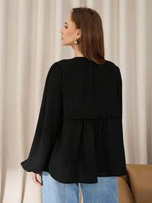 Auralis 大码女装秋冬时尚休闲宽松舒适日常修身褶皱吊带长袖黑色衬衫、女式衬衫、秋季服装、曲线可爱上衣 - 黑色 - 查看 2